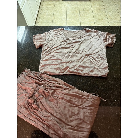 Pj Harlow Other - PJ Harlow Satin Pajama Set Bertie Top Mo‎ Bottoms Brown Silky Short Sleeve Sz XS